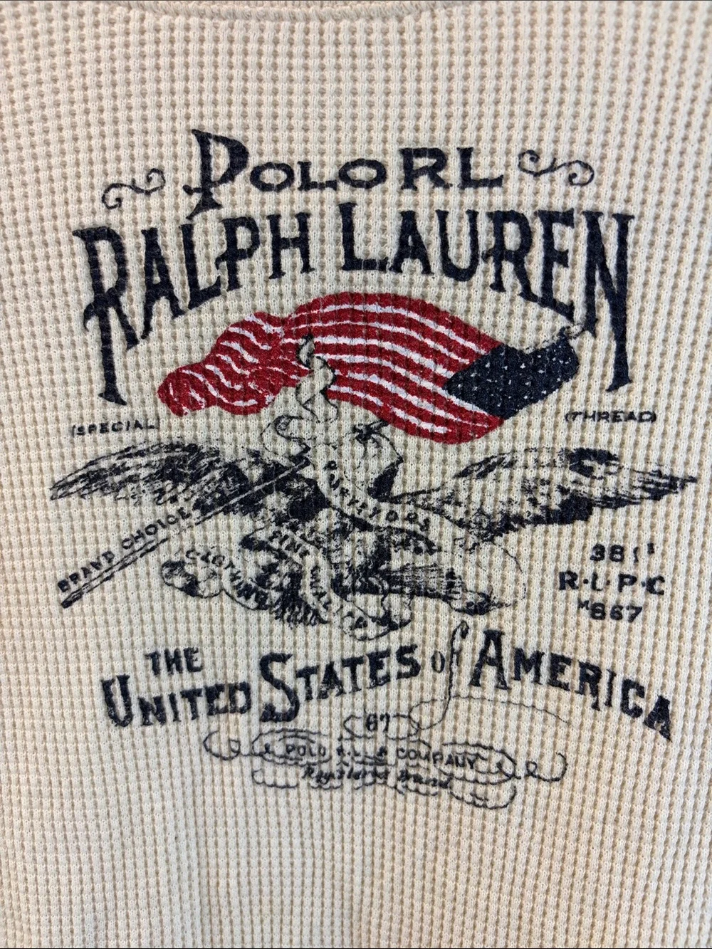Ralph Lauren Cream Waffle-Knit Crewneck with Flag Graphic